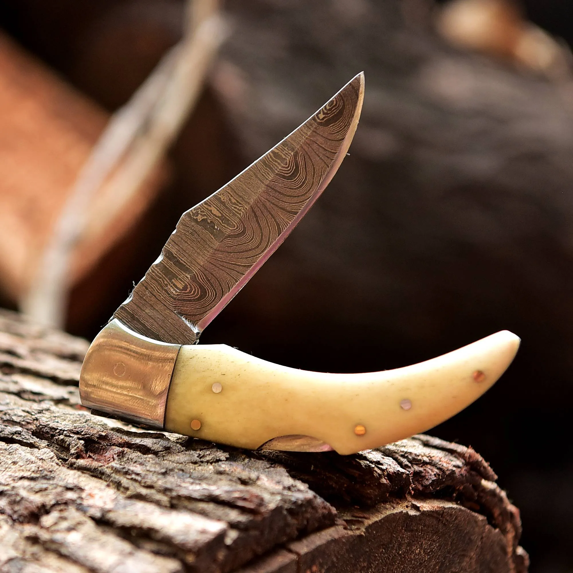 7" Handmade Forged Damascus Pocket Knife - Folding Blade Knife - Bone Handle