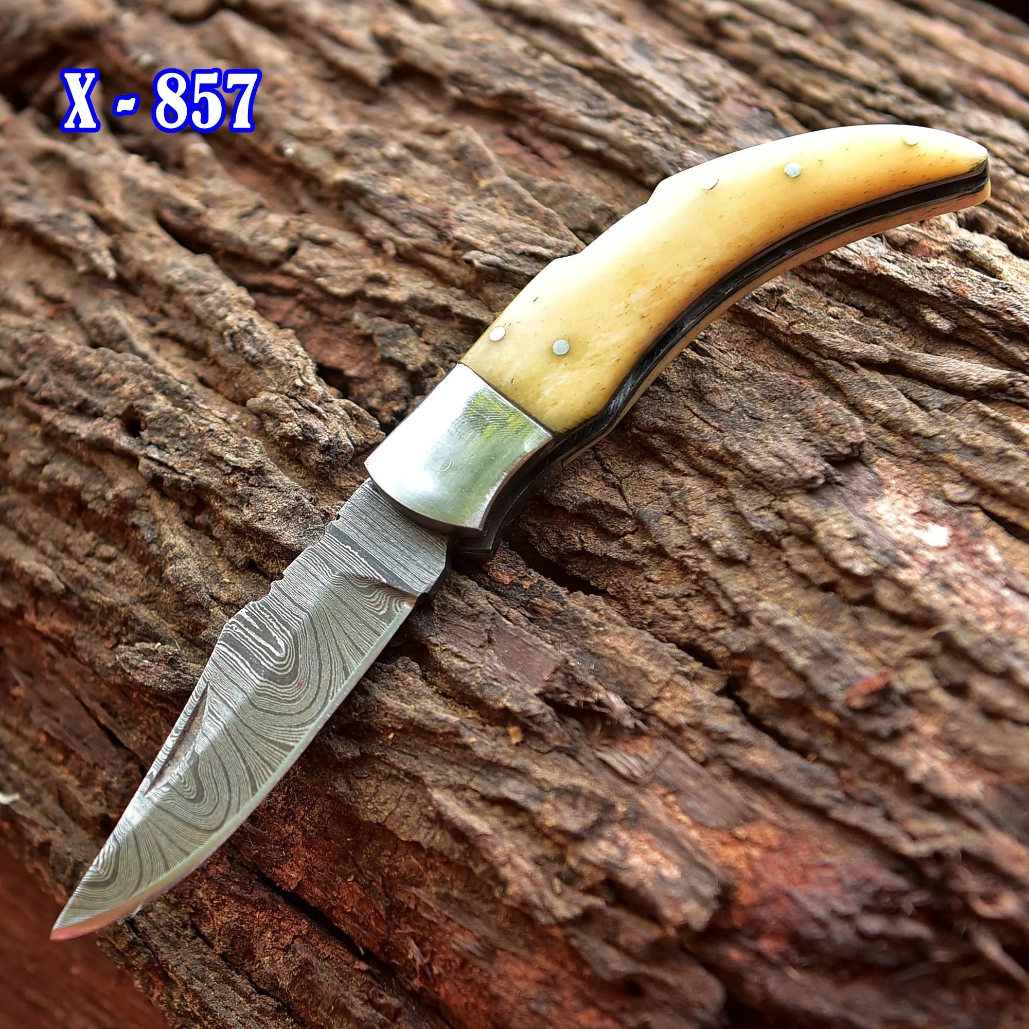 7" Handmade Forged Damascus Pocket Knife - Folding Blade Knife - Bone Handle