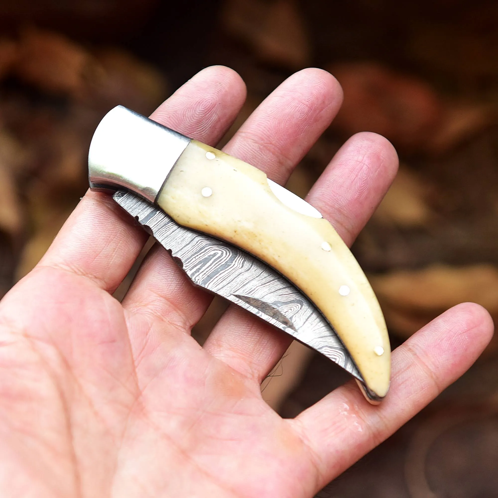 7" Handmade Forged Damascus Pocket Knife - Folding Blade Knife - Bone Handle