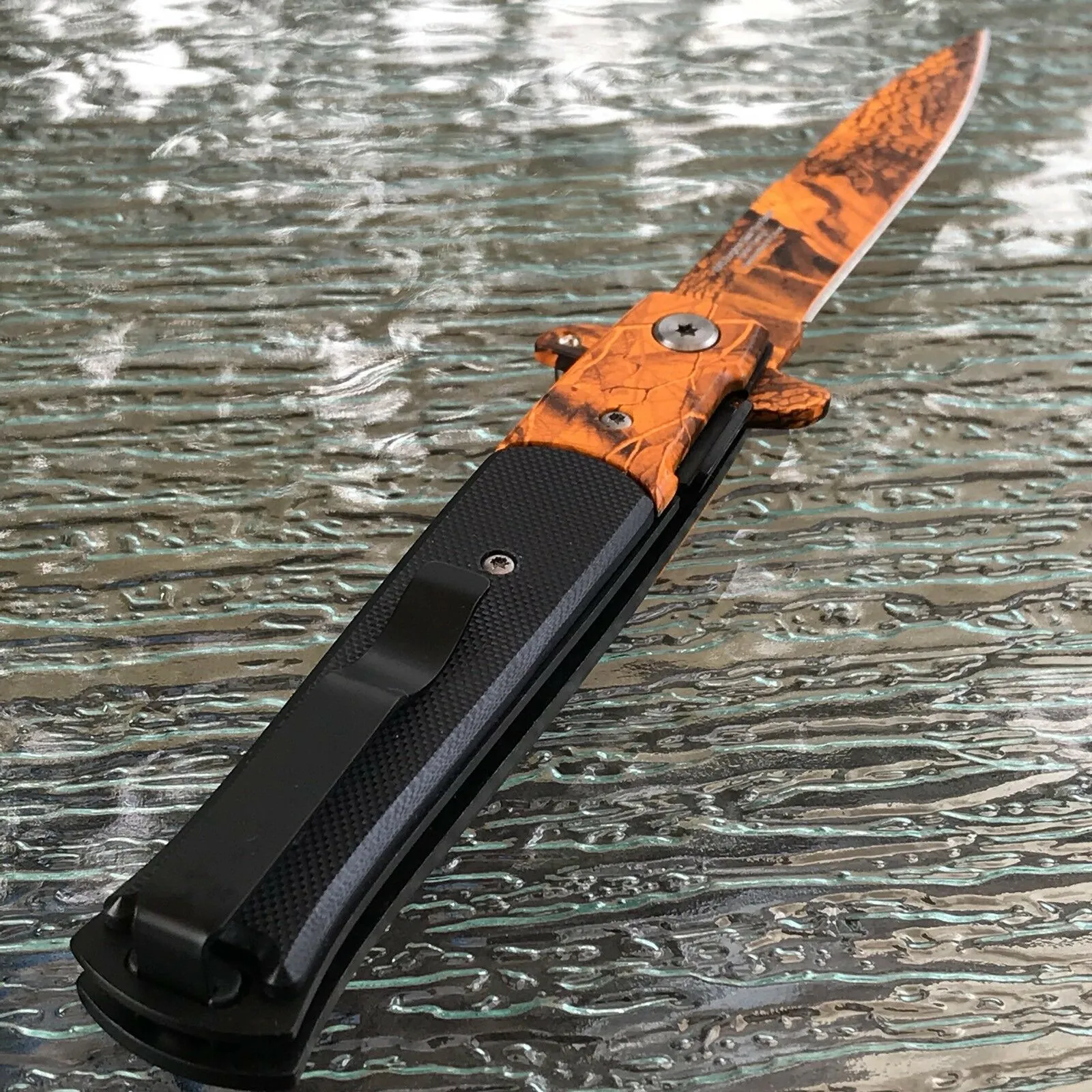 9" Tac Force Jungle Orange Camo Tactical Stiletto G10 Pocket Knife