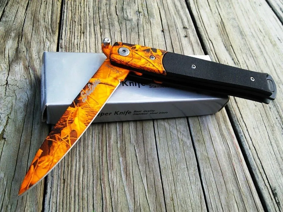 9" Tac Force Jungle Orange Camo Tactical Stiletto G10 Pocket Knife