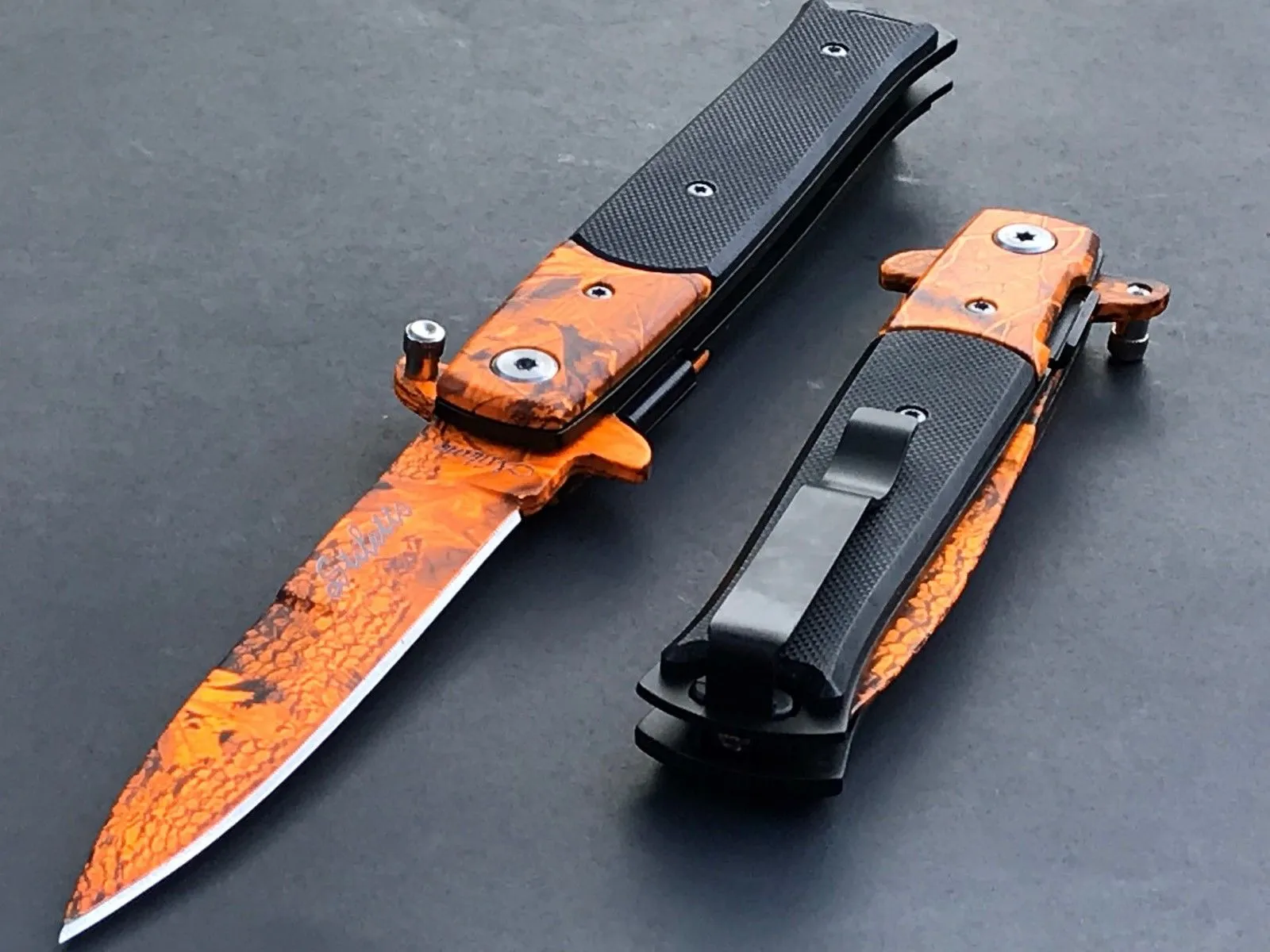 9" Tac Force Jungle Orange Camo Tactical Stiletto G10 Pocket Knife