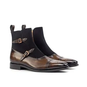 Ambrogio Bespoke Men's Handmade Custom Shoes Black & Brown Suede/ Patina Leather Buckle Boots (AMB1823)