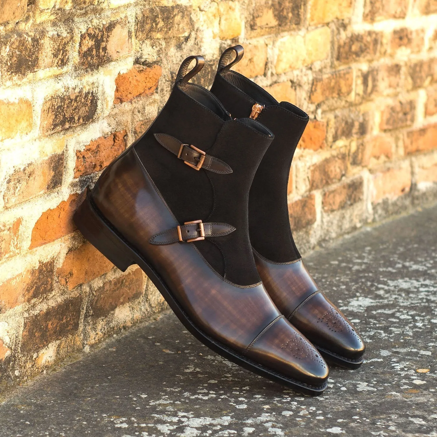 Ambrogio Bespoke Men's Handmade Custom Shoes Black & Brown Suede/ Patina Leather Buckle Boots (AMB1823)