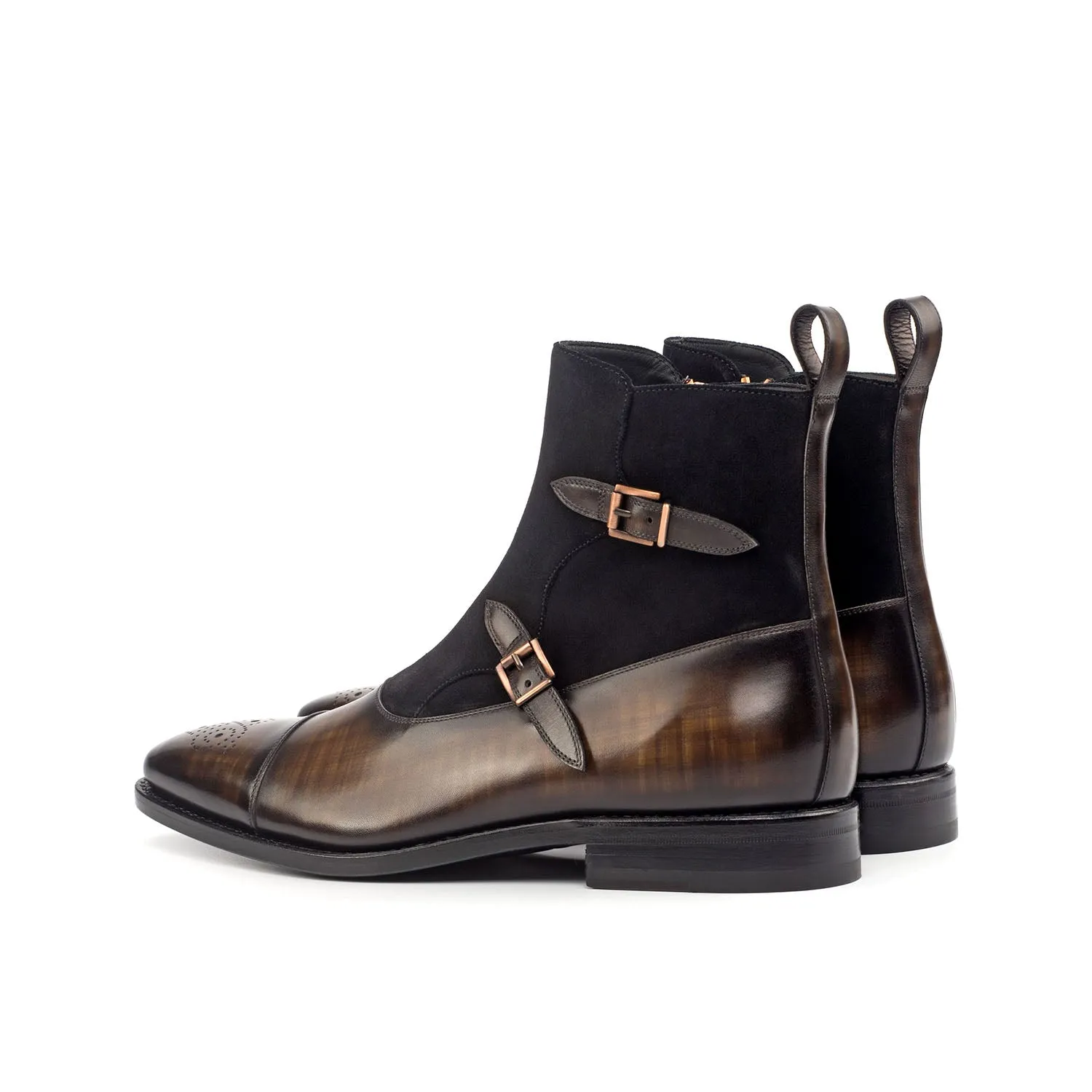Ambrogio Bespoke Men's Handmade Custom Shoes Black & Brown Suede/ Patina Leather Buckle Boots (AMB1823)