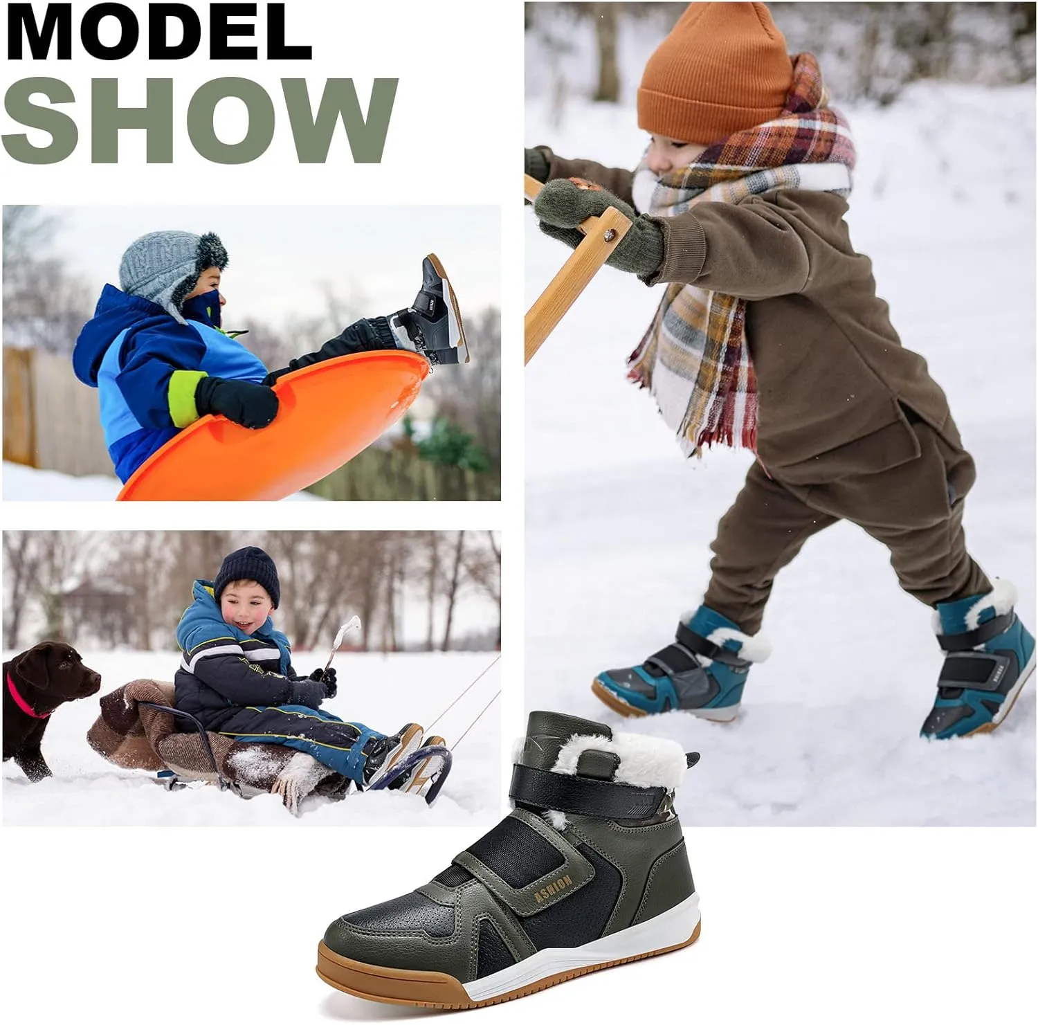 ASHION Kids Snow Boots for Boys Girls Winter High Top Non-Slip Boots Cold Weather Faux Fur Lined Warm Boots
