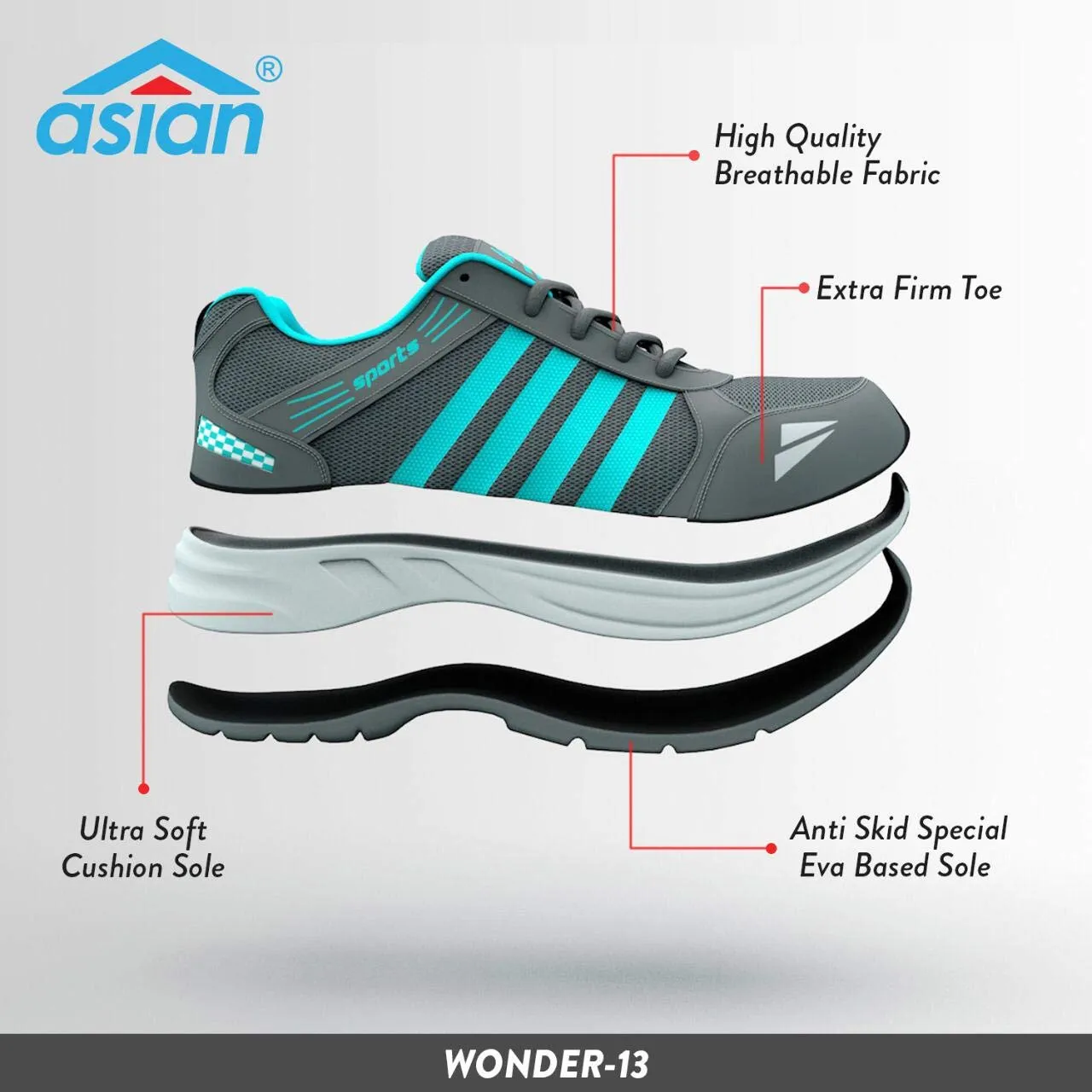 ASIAN Men's Wonder-13 Firozi Mesh Sports Running Shoes (Green) 12 UK