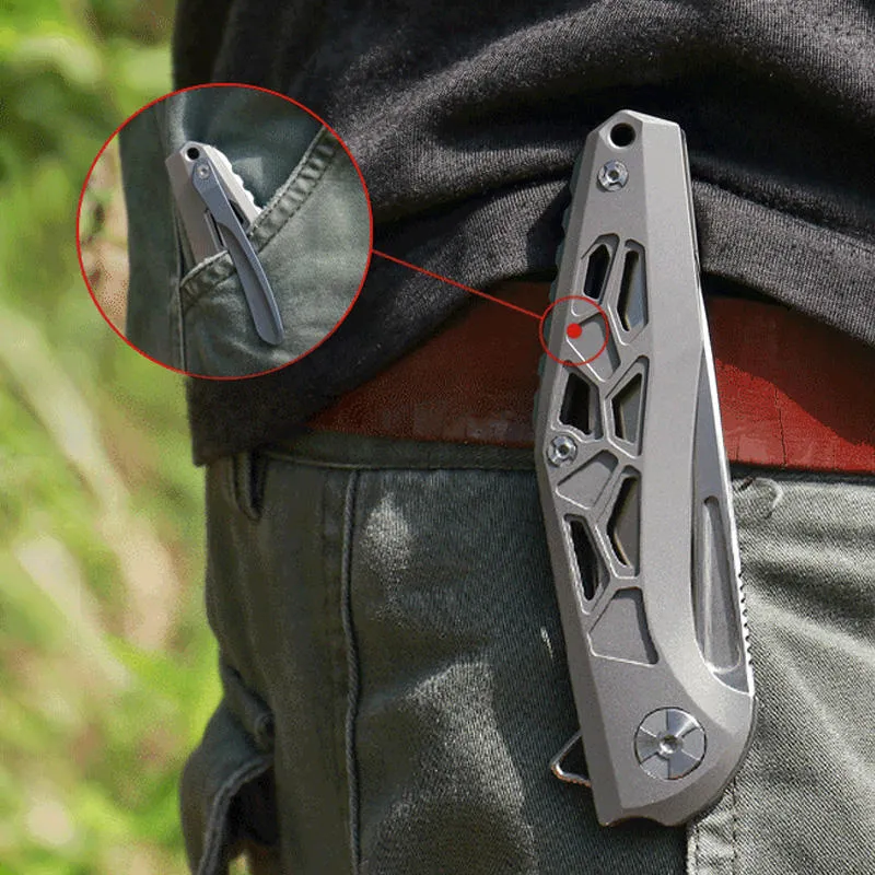 Best Titanium Alloy Handle D2 Steel Tactical Jungle Pocket Hunting Knife Folding Knives With Grey Titanium Surface