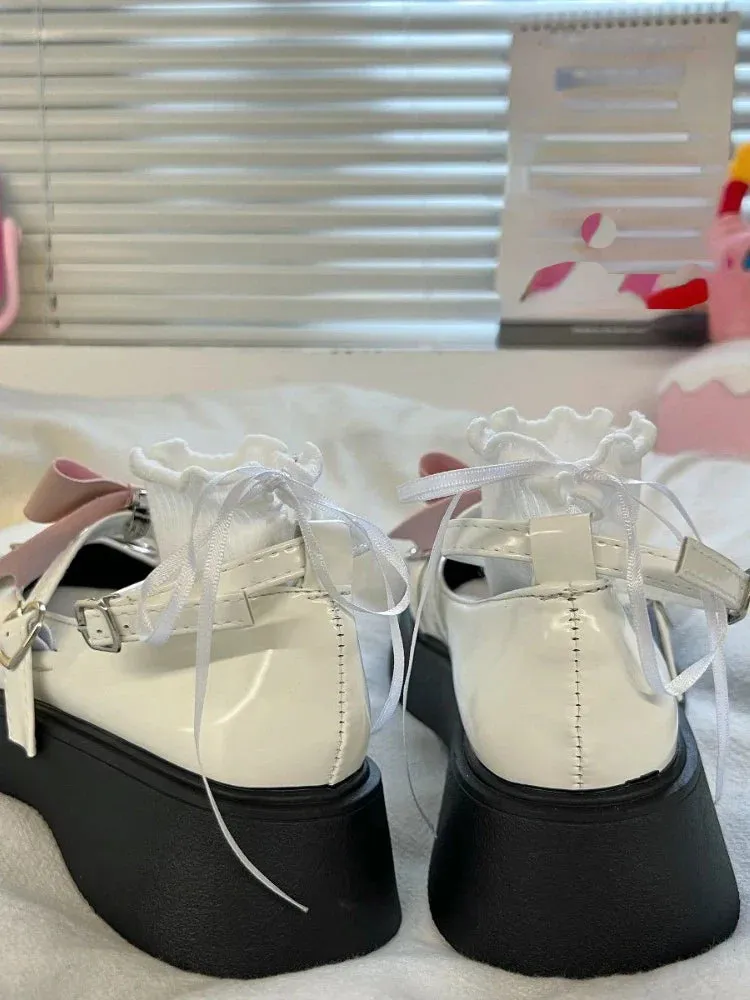 binfenxie  -  Kawaii Sweet Lolita Style Shoes Woman Mary Janes 2024 Summer Bow Casual Platform Buckle Shoes Party Non-slip Round Toe Shoes