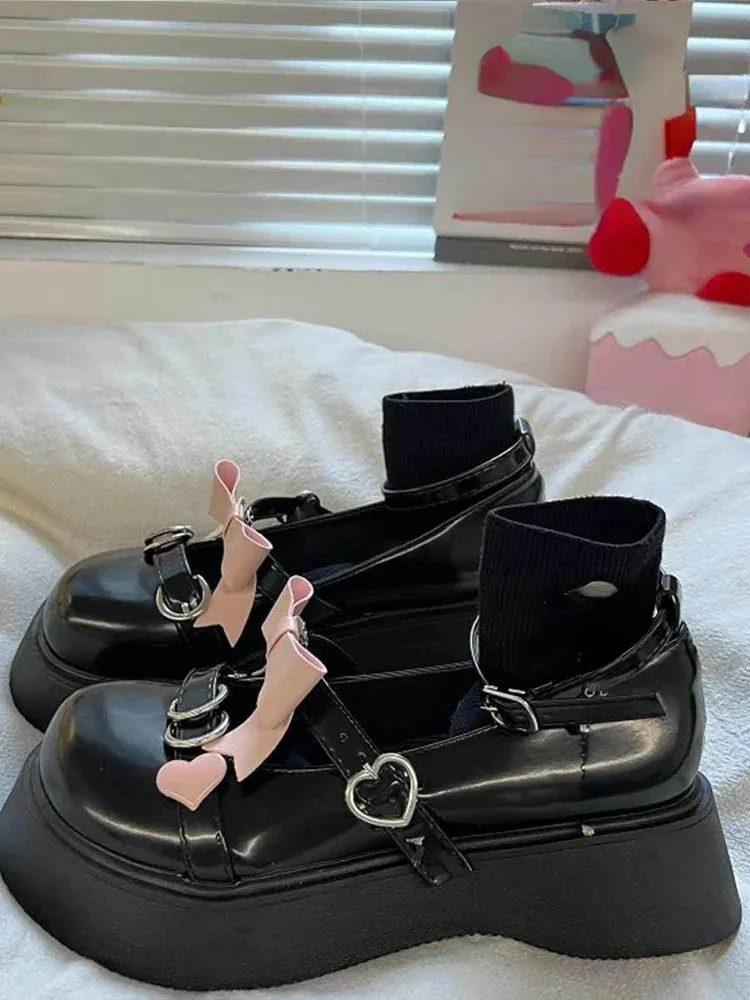 binfenxie  -  Kawaii Sweet Lolita Style Shoes Woman Mary Janes 2024 Summer Bow Casual Platform Buckle Shoes Party Non-slip Round Toe Shoes