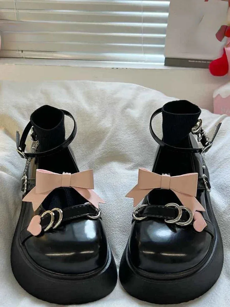 binfenxie  -  Kawaii Sweet Lolita Style Shoes Woman Mary Janes 2024 Summer Bow Casual Platform Buckle Shoes Party Non-slip Round Toe Shoes