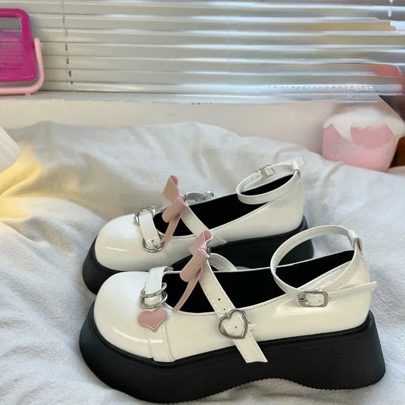 binfenxie  -  Kawaii Sweet Lolita Style Shoes Woman Mary Janes 2024 Summer Bow Casual Platform Buckle Shoes Party Non-slip Round Toe Shoes