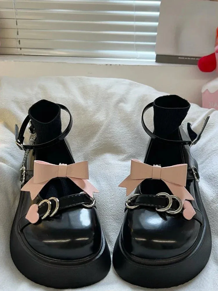 binfenxie  -  Kawaii Sweet Lolita Style Shoes Woman Mary Janes 2024 Summer Bow Casual Platform Buckle Shoes Party Non-slip Round Toe Shoes