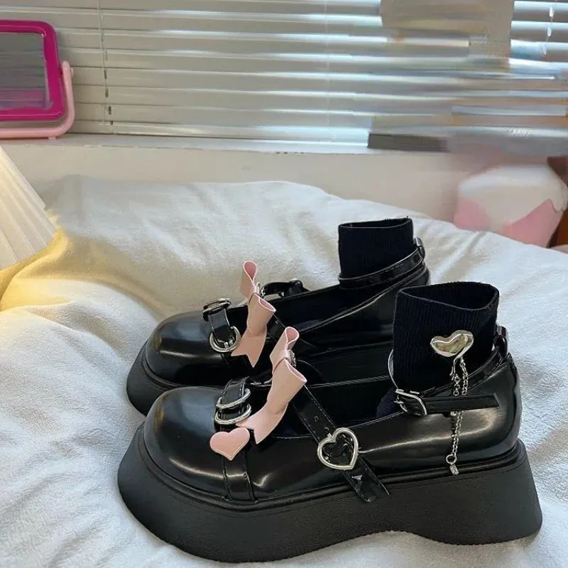 binfenxie  -  Kawaii Sweet Lolita Style Shoes Woman Mary Janes 2024 Summer Bow Casual Platform Buckle Shoes Party Non-slip Round Toe Shoes