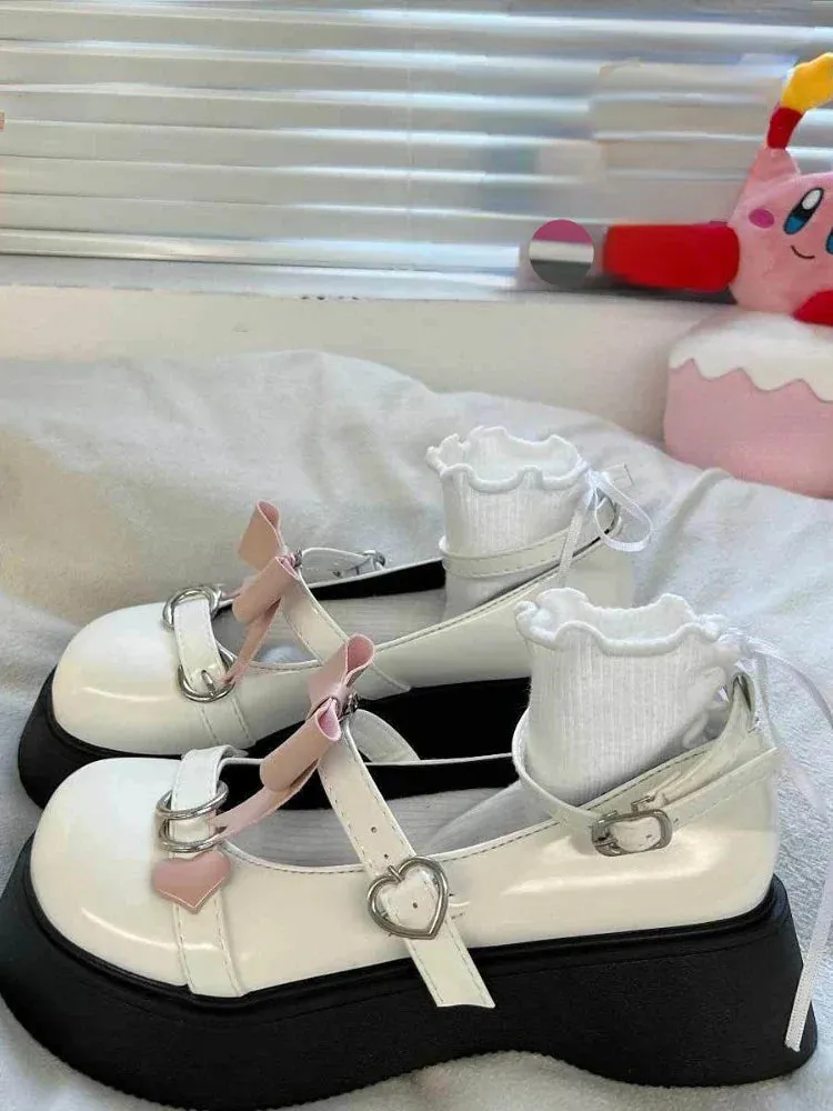binfenxie  -  Kawaii Sweet Lolita Style Shoes Woman Mary Janes 2024 Summer Bow Casual Platform Buckle Shoes Party Non-slip Round Toe Shoes