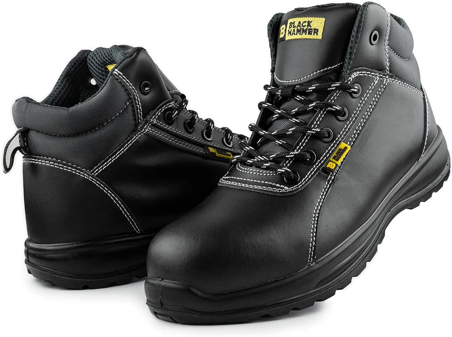 Black Hammer Mens Leather Safety Boots S3 SRC Composite Toe Cap Kevlar Non Metallic Metal Free Lightweight Work Shoes Ankle Hiker 1500 Black