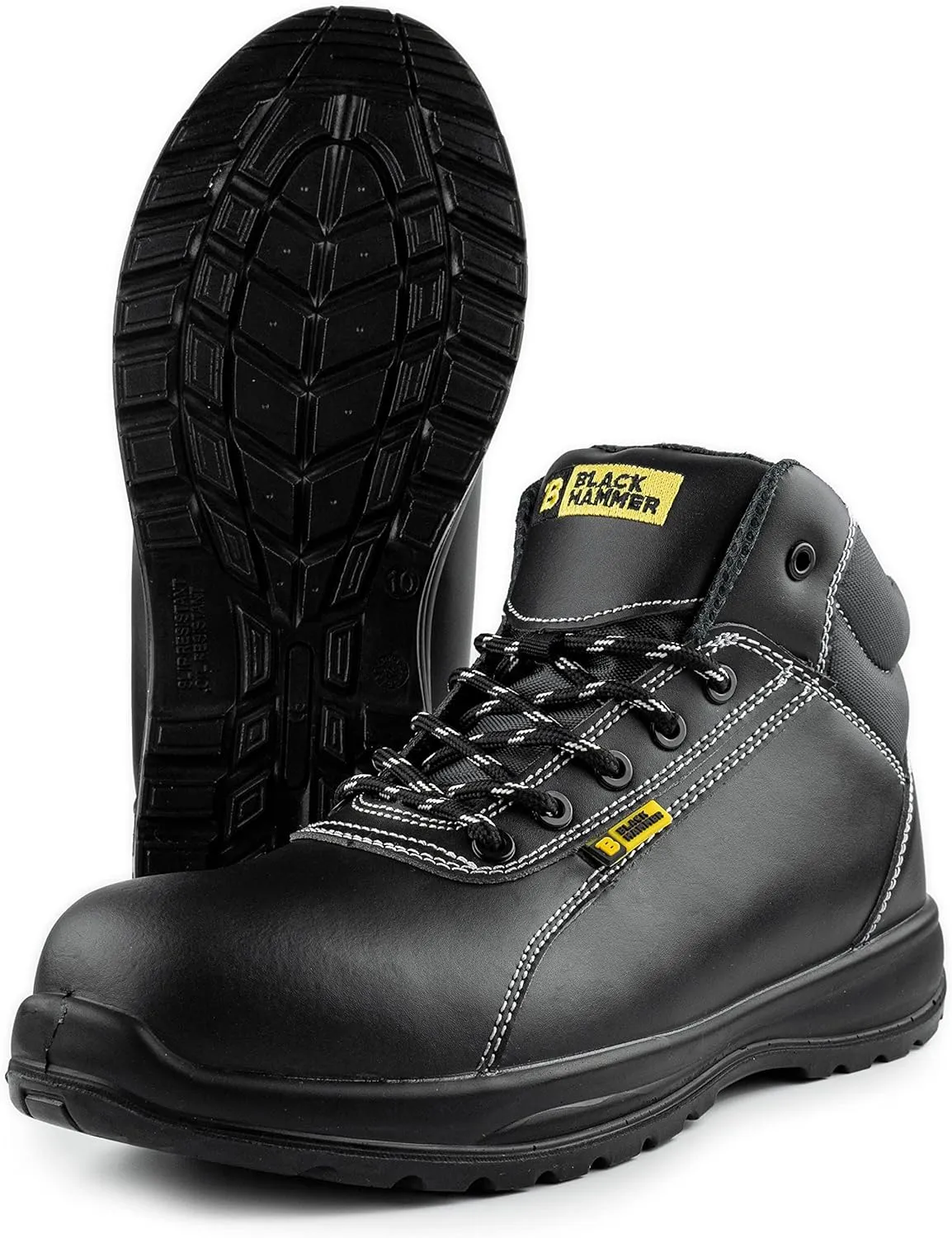 Black Hammer Mens Leather Safety Boots S3 SRC Composite Toe Cap Kevlar Non Metallic Metal Free Lightweight Work Shoes Ankle Hiker 1500 Black
