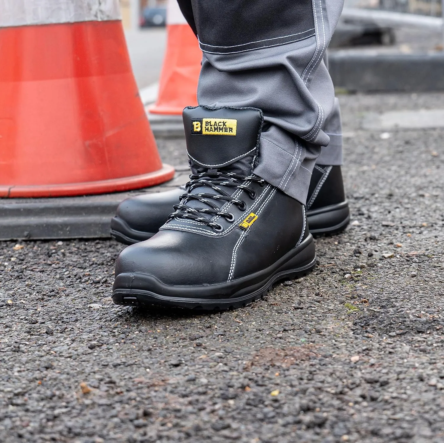 Black Hammer Mens Leather Safety Boots S3 SRC Composite Toe Cap Kevlar Non Metallic Metal Free Lightweight Work Shoes Ankle Hiker 1500 Black