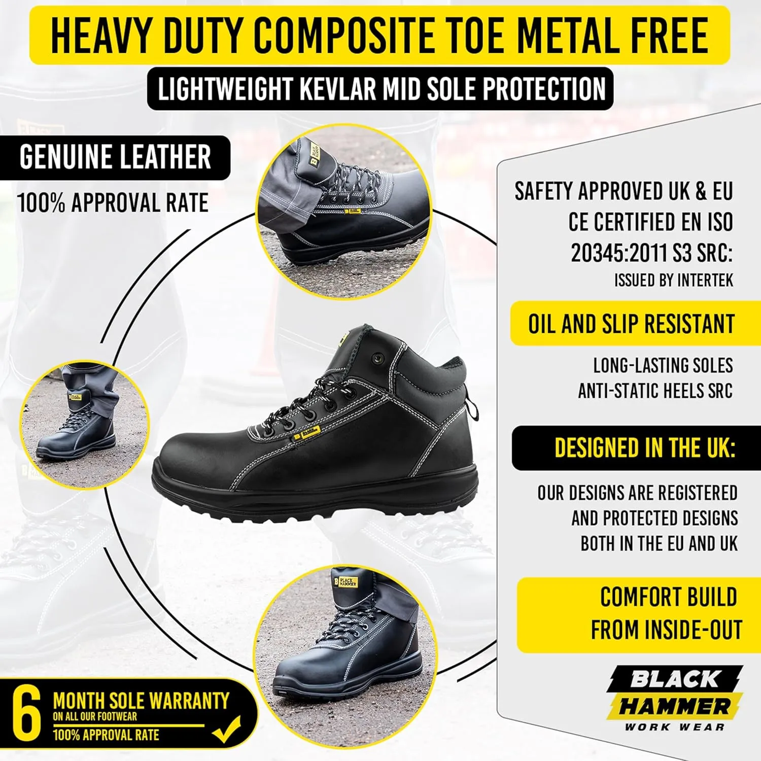 Black Hammer Mens Leather Safety Boots S3 SRC Composite Toe Cap Kevlar Non Metallic Metal Free Lightweight Work Shoes Ankle Hiker 1500 Black
