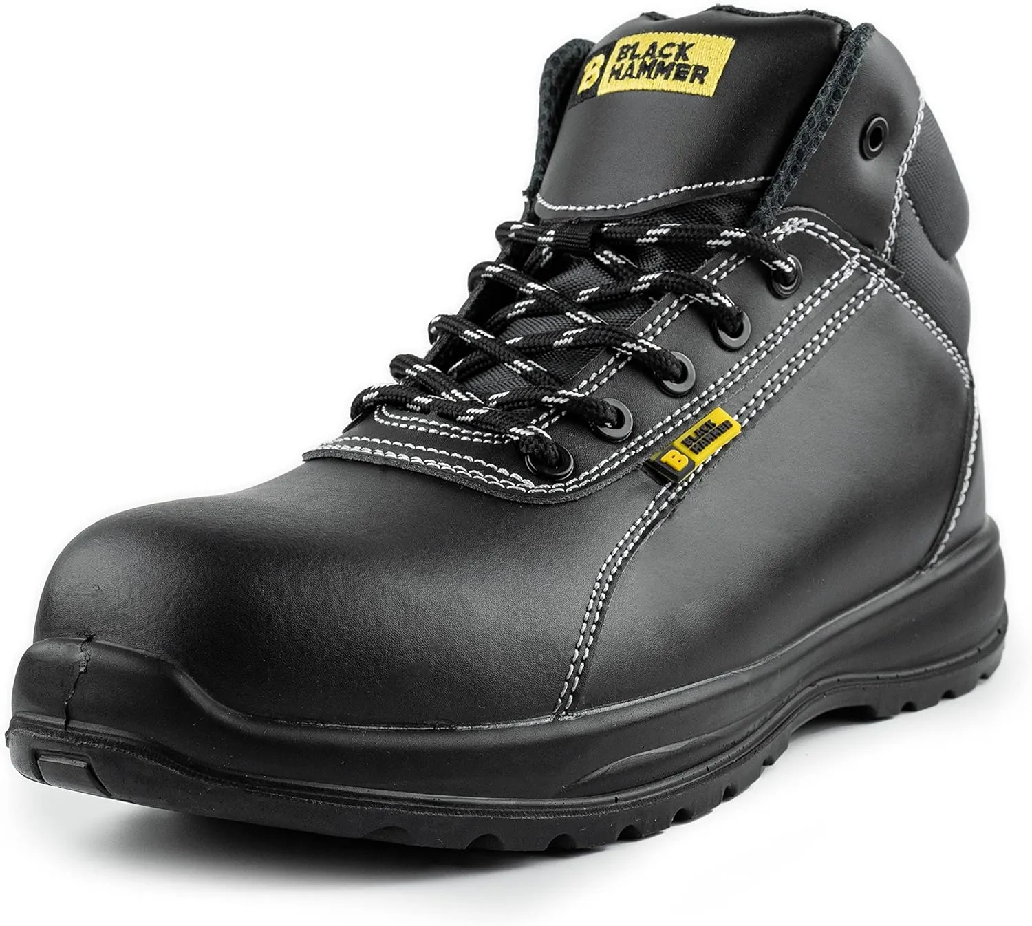 Black Hammer Mens Leather Safety Boots S3 SRC Composite Toe Cap Kevlar Non Metallic Metal Free Lightweight Work Shoes Ankle Hiker 1500 Black