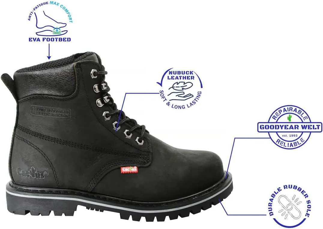 Cactus Mens 611 Insulated Soft Toe 6 Construction Roofing Work Boots Nubuck Leather Rubber Sole Comfortable Industrial Construction Boots