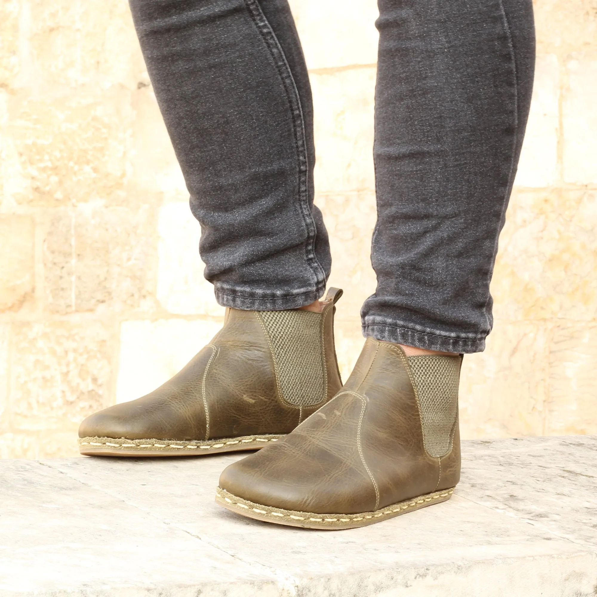 Chelsea Barefoot Boots Military Green Handmade Men's