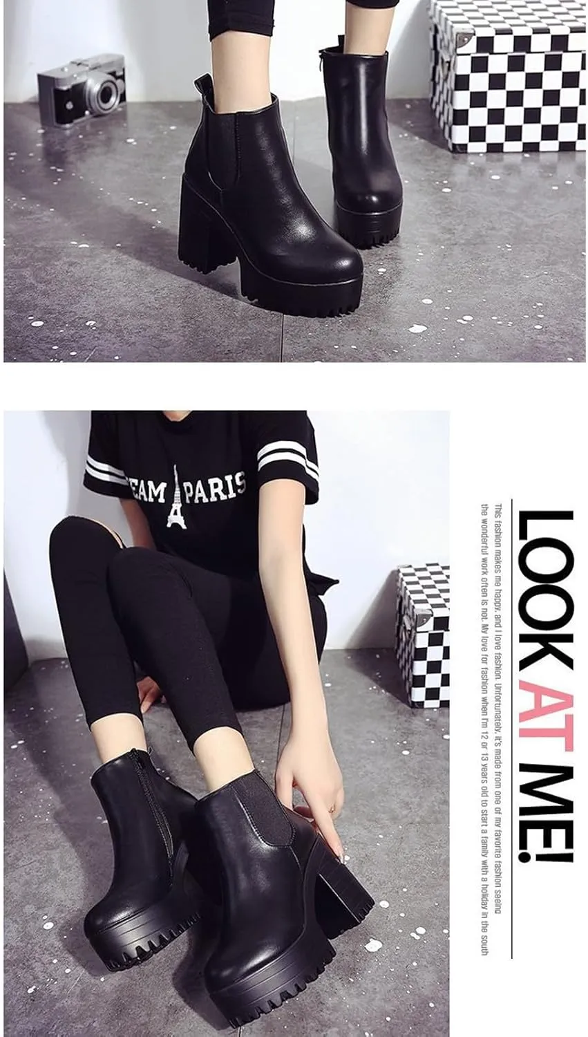 Chunky Block Chelsea Booties Trendy Winter High Block Heel Platform Ankle Boots Side Zipper Slip on Lug Sole Boots