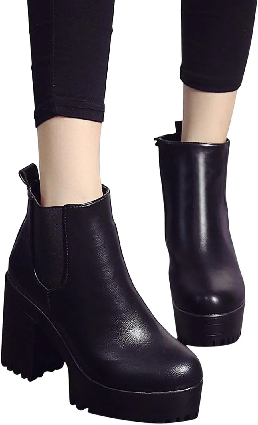 Chunky Block Chelsea Booties Trendy Winter High Block Heel Platform Ankle Boots Side Zipper Slip on Lug Sole Boots