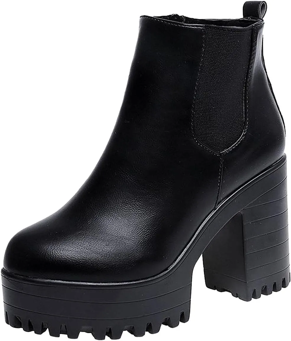 Chunky Block Chelsea Booties Trendy Winter High Block Heel Platform Ankle Boots Side Zipper Slip on Lug Sole Boots