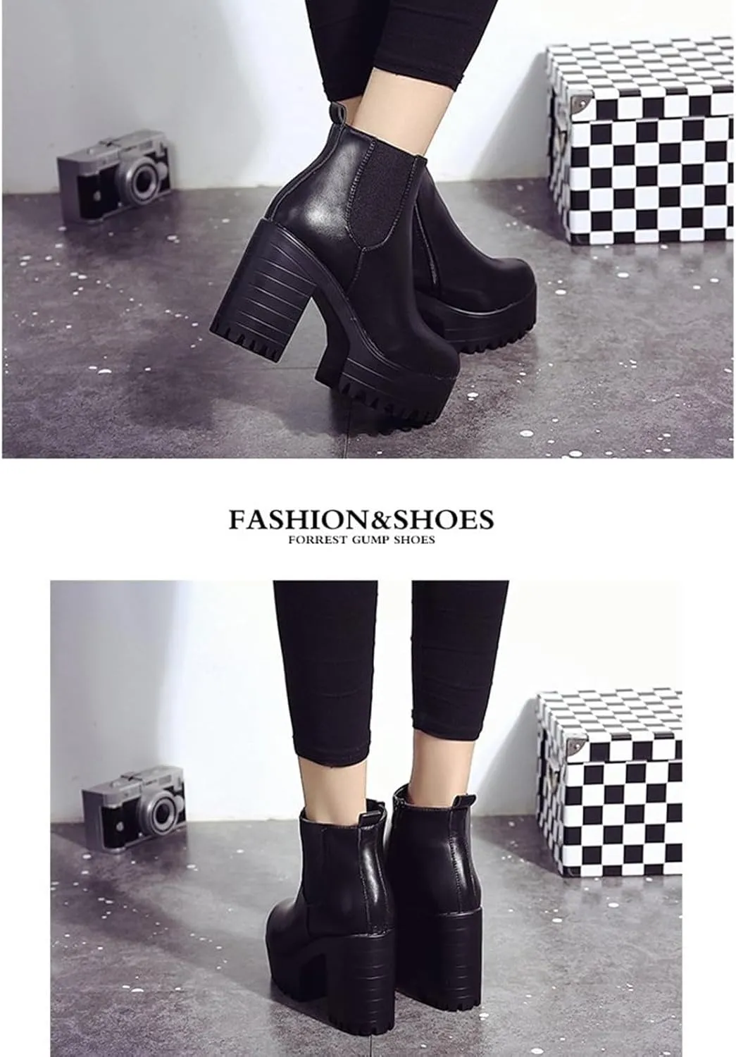 Chunky Block Chelsea Booties Trendy Winter High Block Heel Platform Ankle Boots Side Zipper Slip on Lug Sole Boots