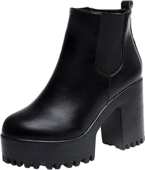 Chunky Block Chelsea Booties Trendy Winter High Block Heel Platform Ankle Boots Side Zipper Slip on Lug Sole Boots
