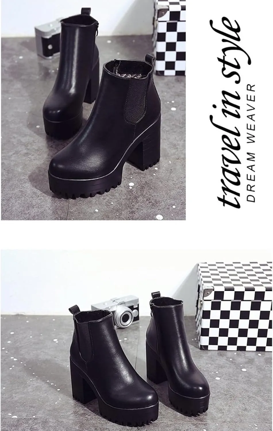 Chunky Block Chelsea Booties Trendy Winter High Block Heel Platform Ankle Boots Side Zipper Slip on Lug Sole Boots