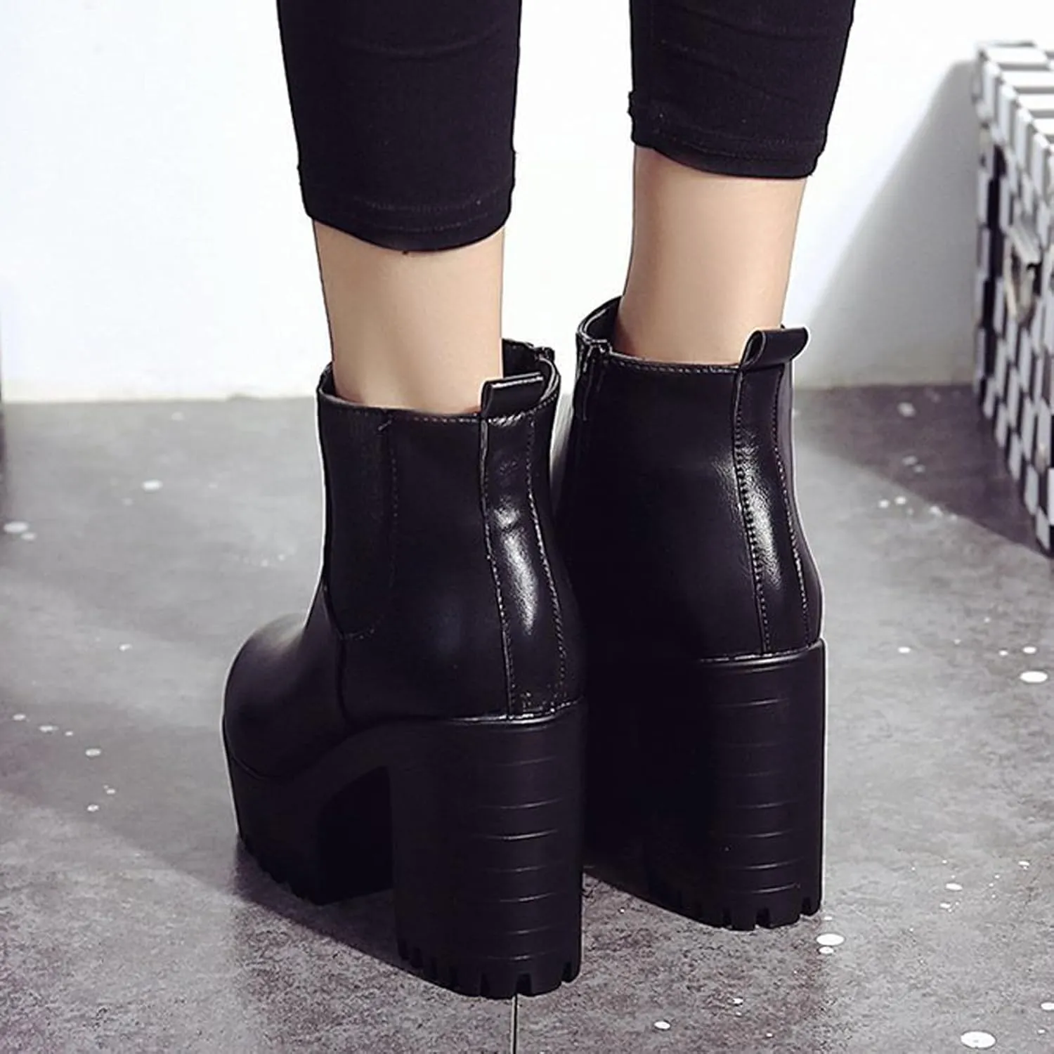 Chunky Block Chelsea Booties Trendy Winter High Block Heel Platform Ankle Boots Side Zipper Slip on Lug Sole Boots