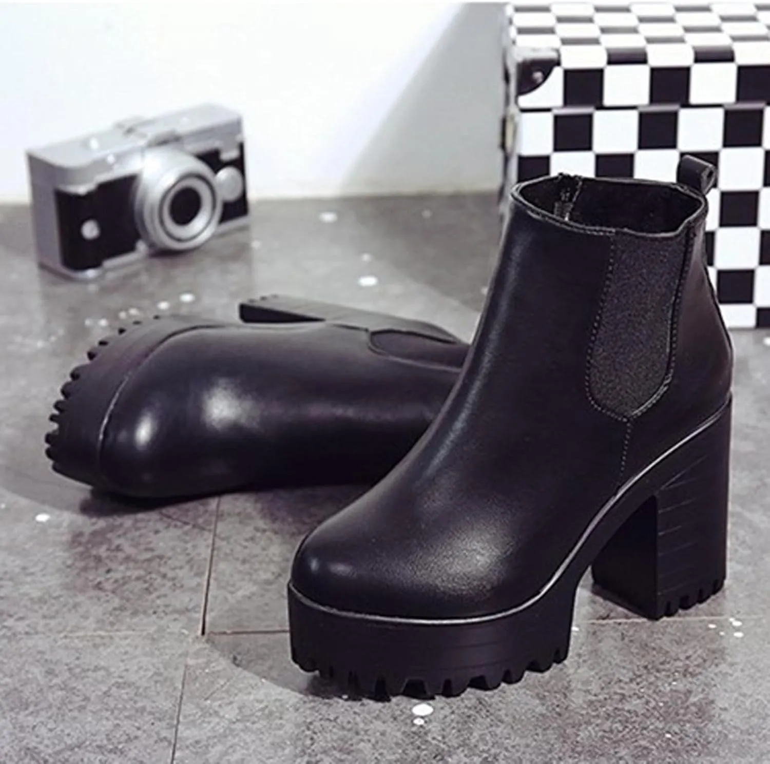 Chunky Block Chelsea Booties Trendy Winter High Block Heel Platform Ankle Boots Side Zipper Slip on Lug Sole Boots