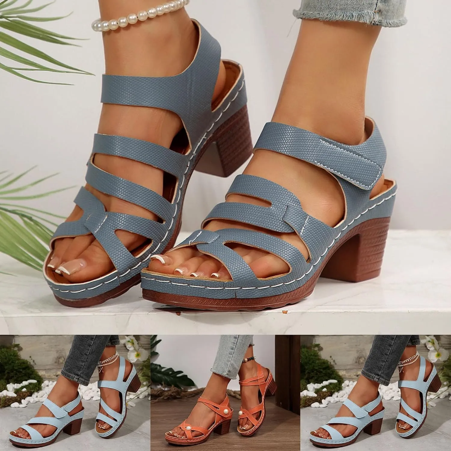 Chunky Heels for Women, Womens Orthopedic Platform Wedge Sandals Dressy Summer Comfortable High Block Heels Ankle Strap Strappy Sandals Dress Shoes for Party Wedding Working