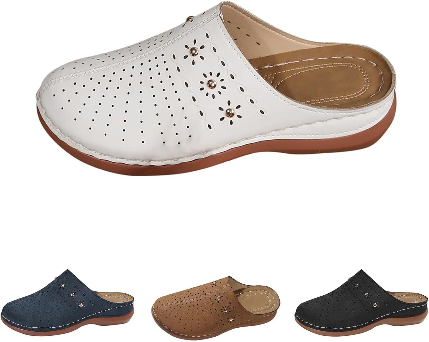 Clogs for Women Slip-On Mules Summer Walking Casual Sandals Comfortable Slip On Mule Clogs Hollow Out Floral Design Arch Support Wedge Sandals Going Out Shoes