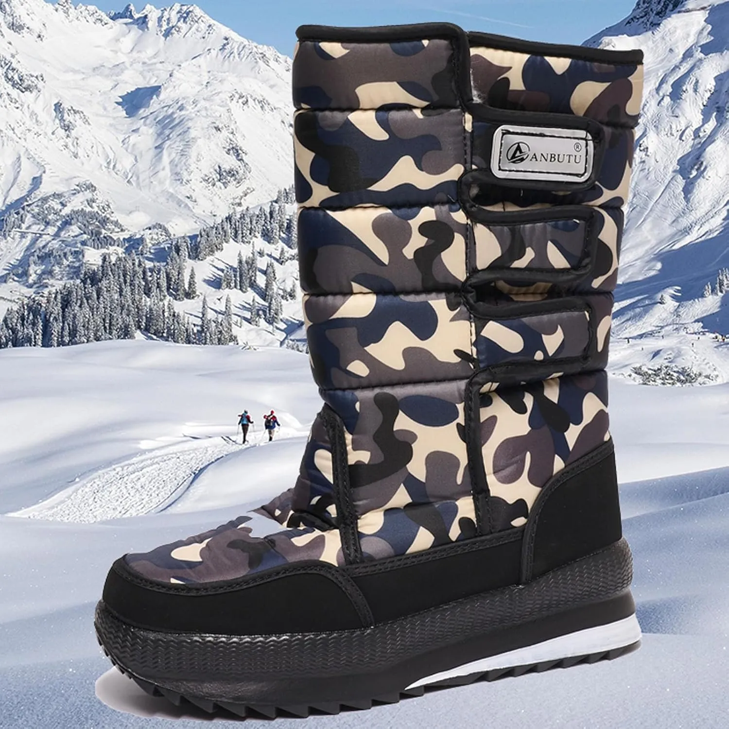 Cold Proof Mid Calf Snow Boots for Men Water Proof Thick Bottom Insulated Winter Boots Fleece Lined Skiing Boots Men