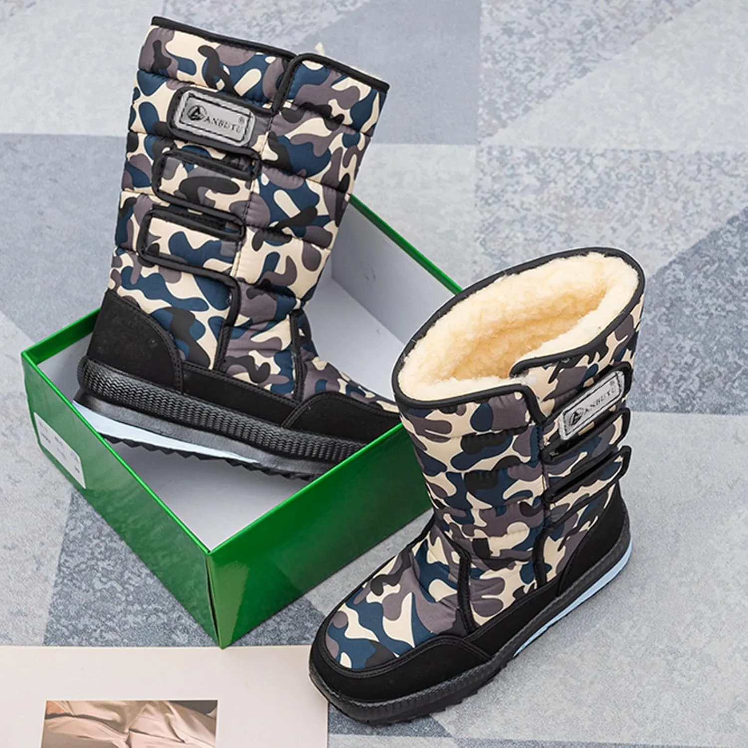 Cold Proof Mid Calf Snow Boots for Men Water Proof Thick Bottom Insulated Winter Boots Fleece Lined Skiing Boots Men