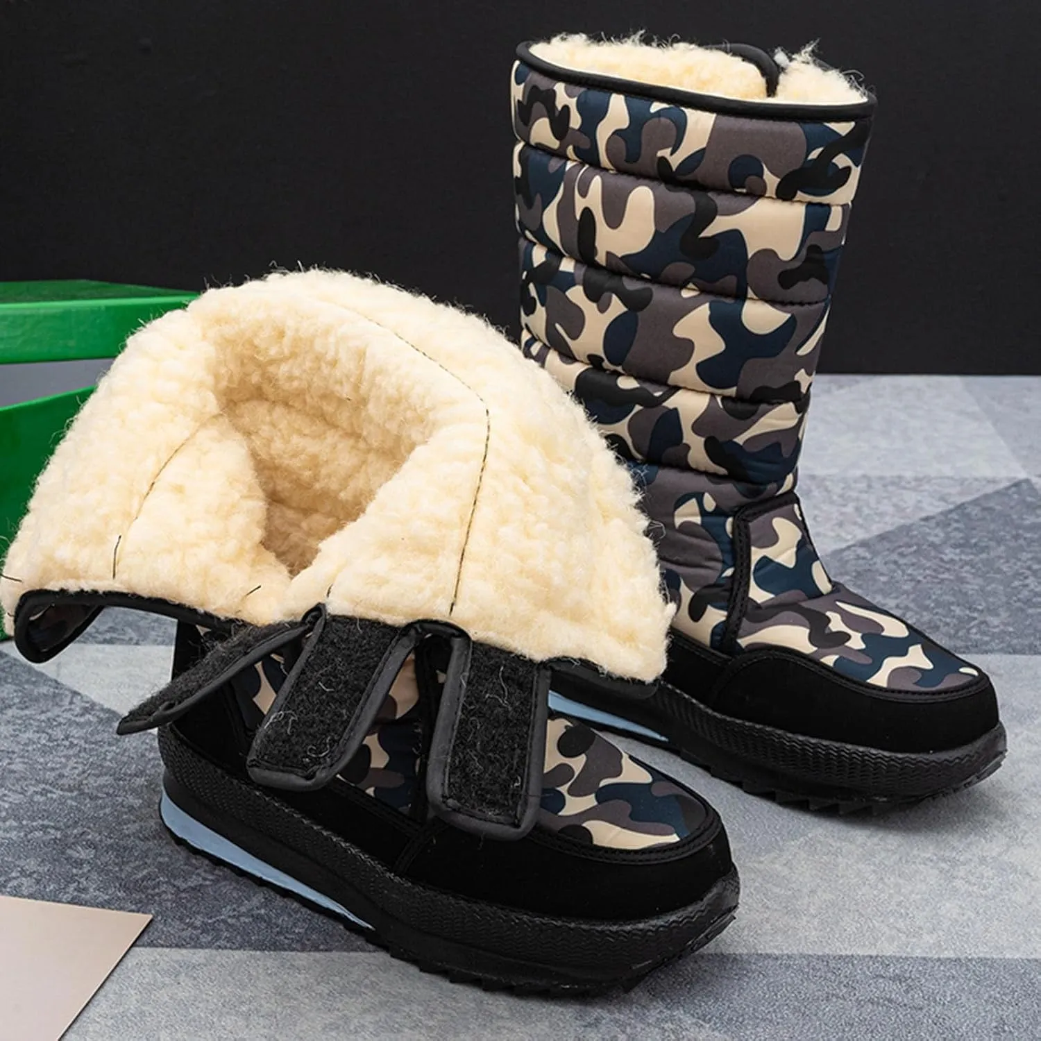 Cold Proof Mid Calf Snow Boots for Men Water Proof Thick Bottom Insulated Winter Boots Fleece Lined Skiing Boots Men