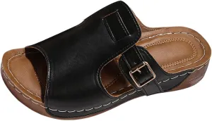 Comfortable Arch Support Slides Women's Solid Color Sandals Breathable Summer Orthotic Leather Platform Wedge Slip on All Day 2025 Women Walking Casual Sandal Damping Sole Upgradation Stretch