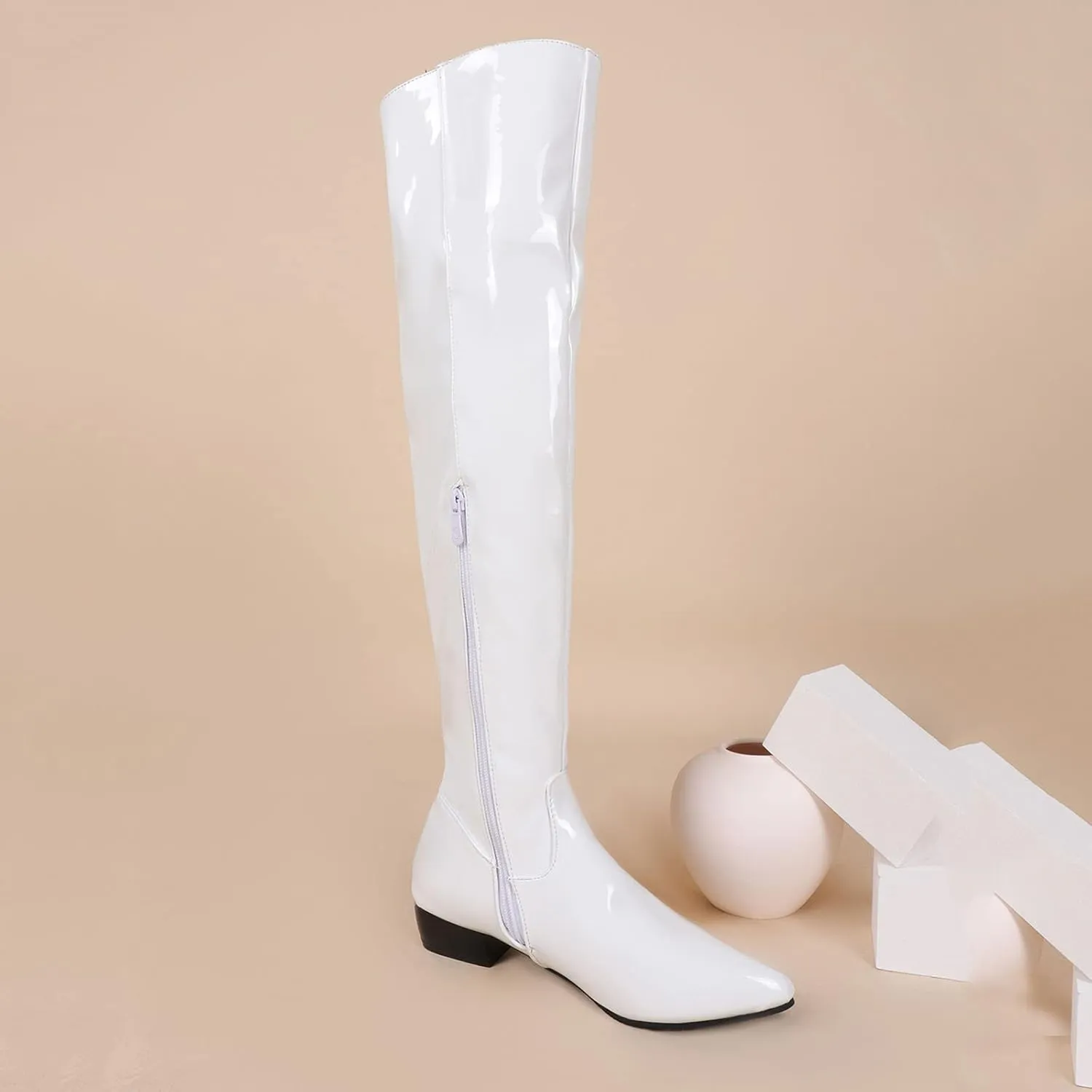 Ctreela Over The Knee Go Go Boots for Women Chunky Stacked Pointed Toe Party Boots Patent Leather Low Heel Pull on Booties