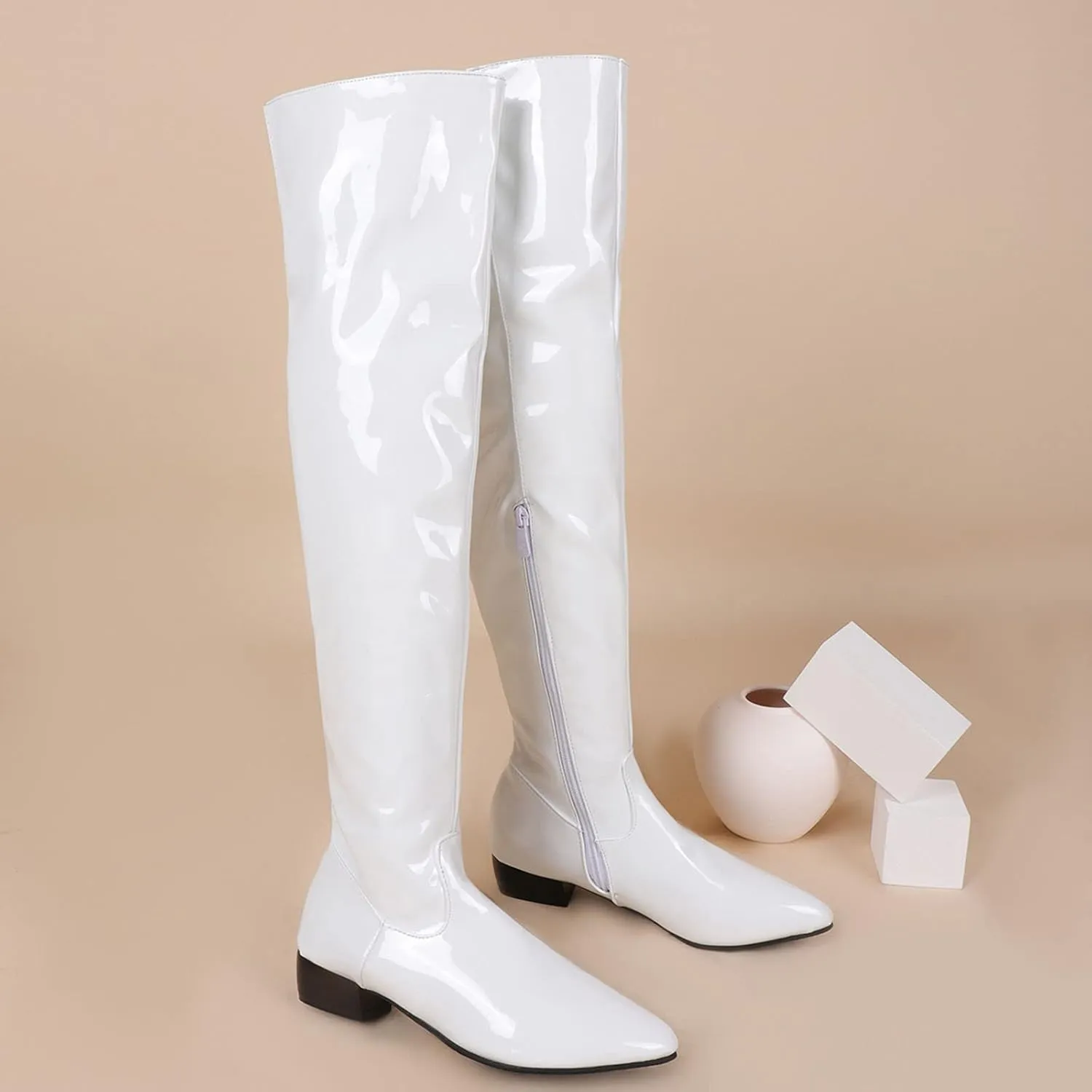 Ctreela Over The Knee Go Go Boots for Women Chunky Stacked Pointed Toe Party Boots Patent Leather Low Heel Pull on Booties