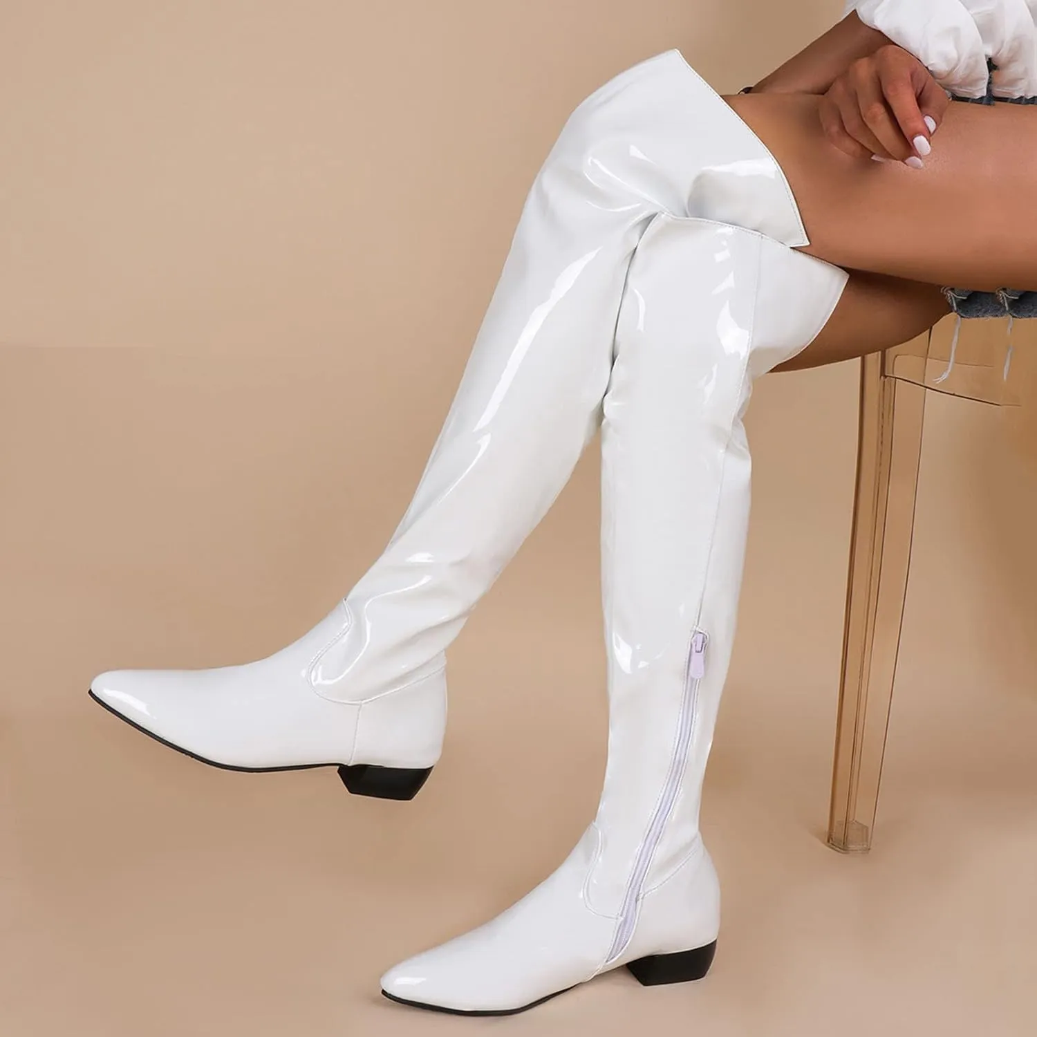 Ctreela Over The Knee Go Go Boots for Women Chunky Stacked Pointed Toe Party Boots Patent Leather Low Heel Pull on Booties