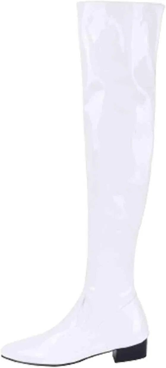 Ctreela Over The Knee Go Go Boots for Women Chunky Stacked Pointed Toe Party Boots Patent Leather Low Heel Pull on Booties