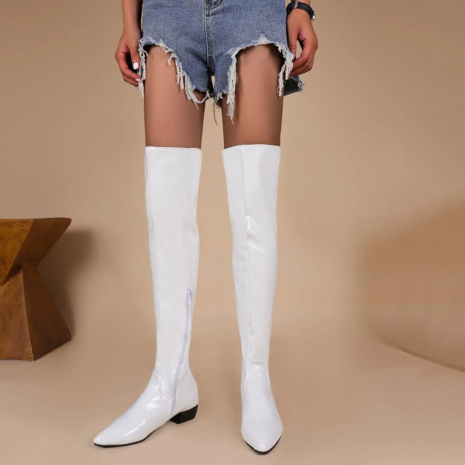 Ctreela Over The Knee Go Go Boots for Women Chunky Stacked Pointed Toe Party Boots Patent Leather Low Heel Pull on Booties