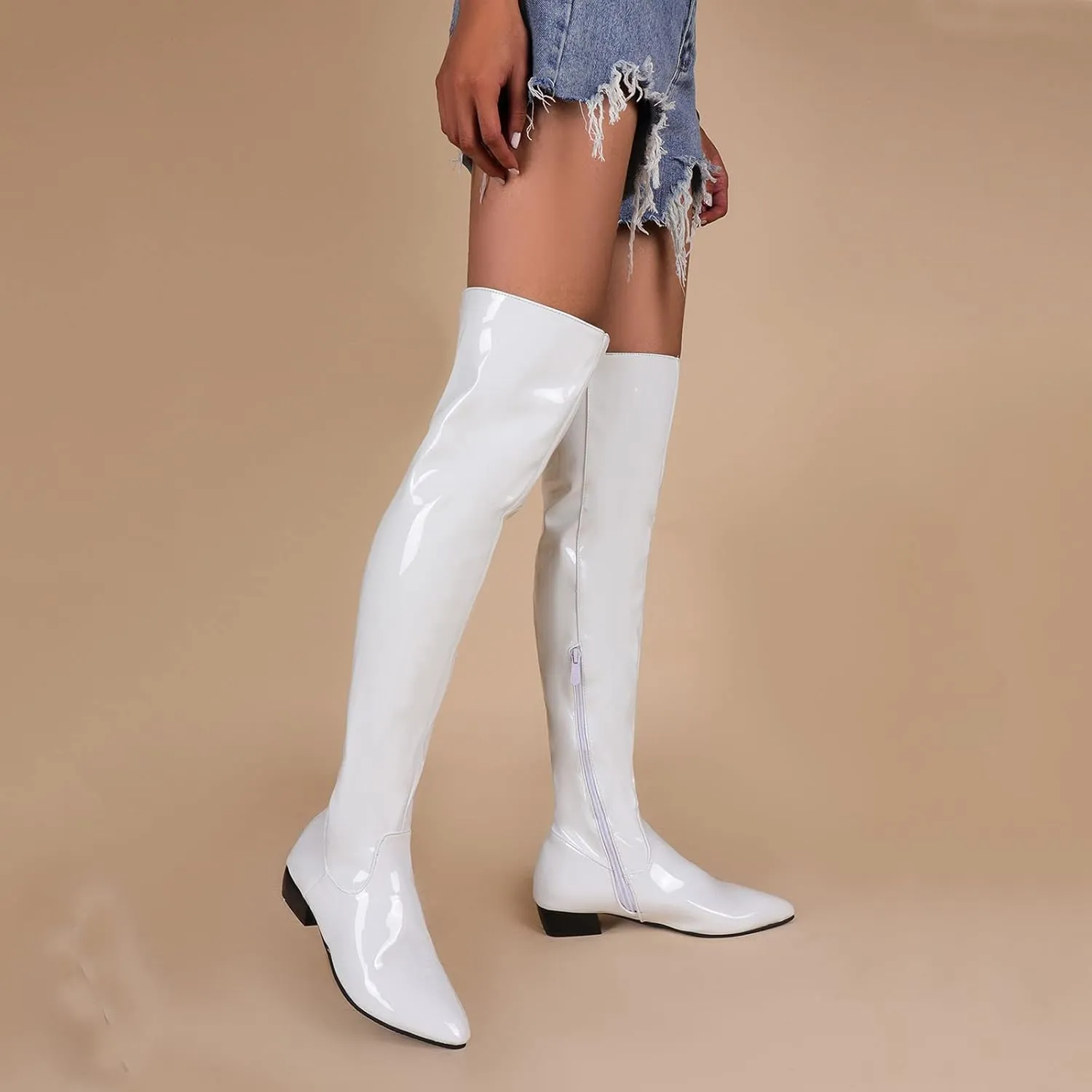 Ctreela Over The Knee Go Go Boots for Women Chunky Stacked Pointed Toe Party Boots Patent Leather Low Heel Pull on Booties