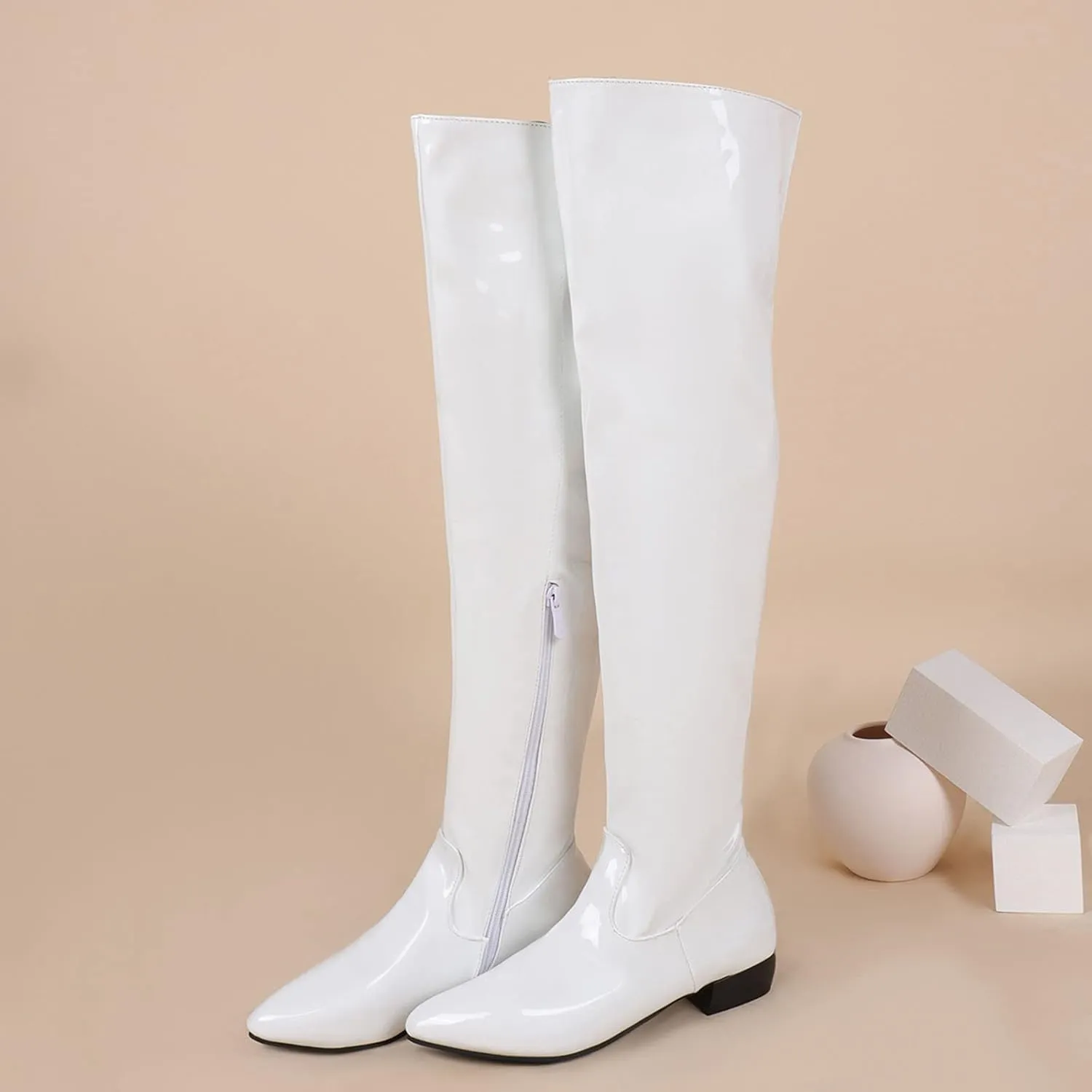 Ctreela Over The Knee Go Go Boots for Women Chunky Stacked Pointed Toe Party Boots Patent Leather Low Heel Pull on Booties
