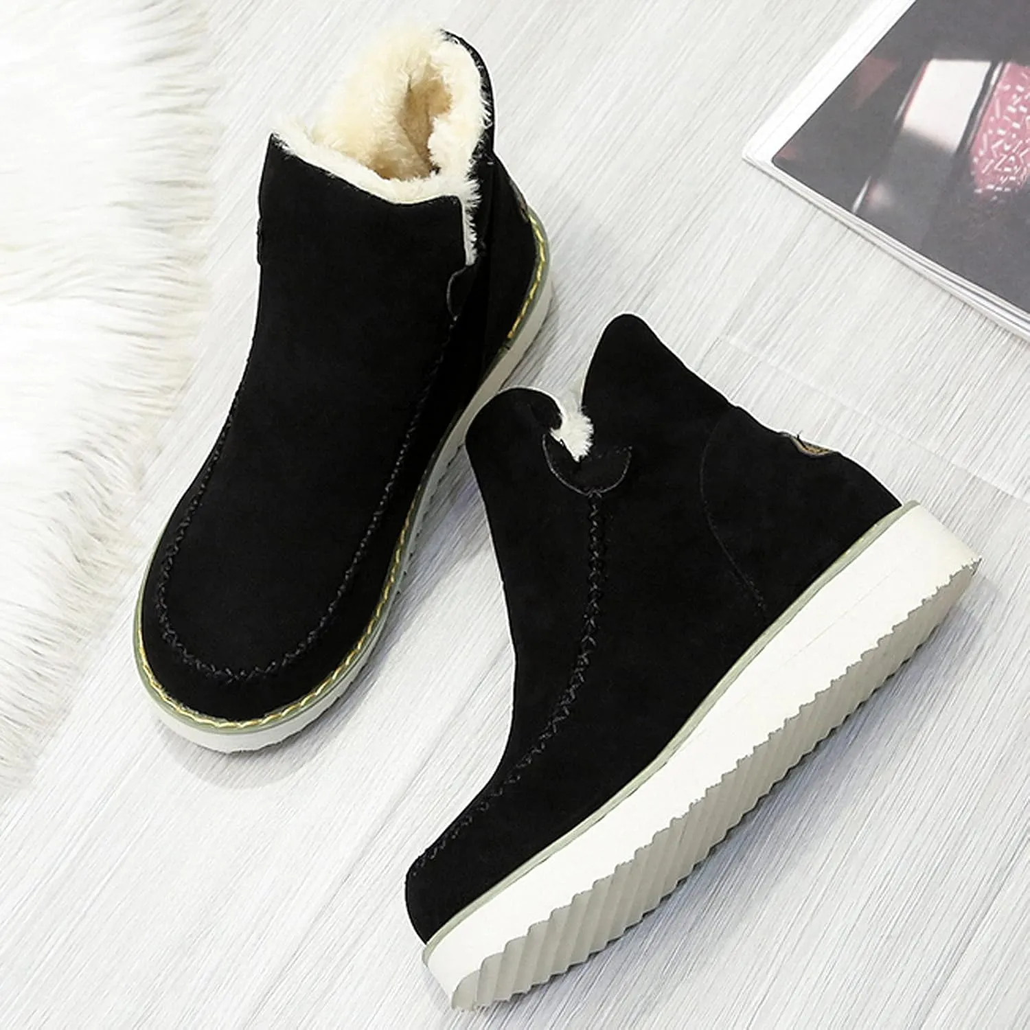 Ctreela Women's Slip-On Wedge Boots Fur Lined Insulated Snow Boots Winter Fuzzy Warm Moc Toe Work Booties Plus Size Oxfords