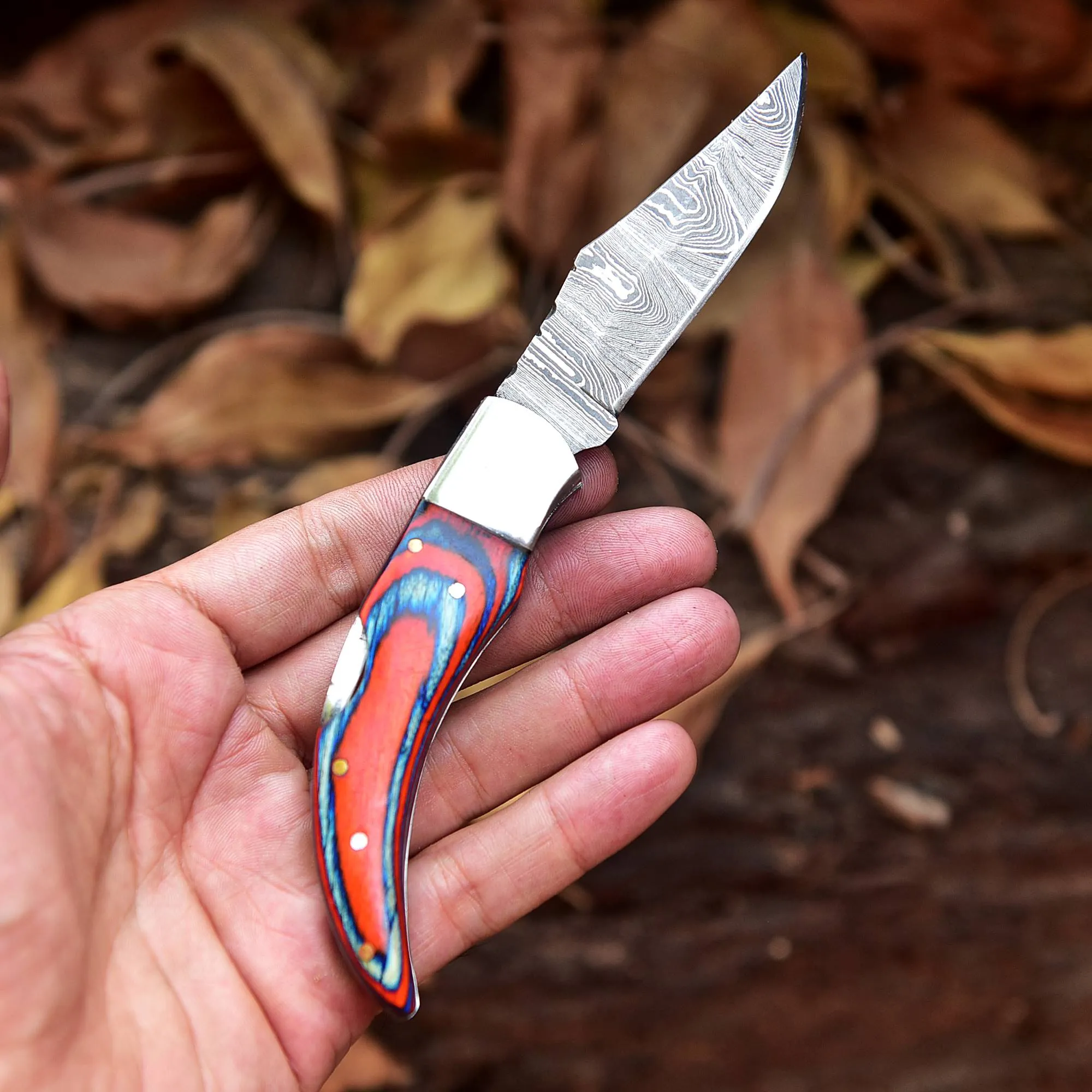 Damascus Folding Blade Knife - 7" Handmade Gift Knife - Hunting Pocket Knife