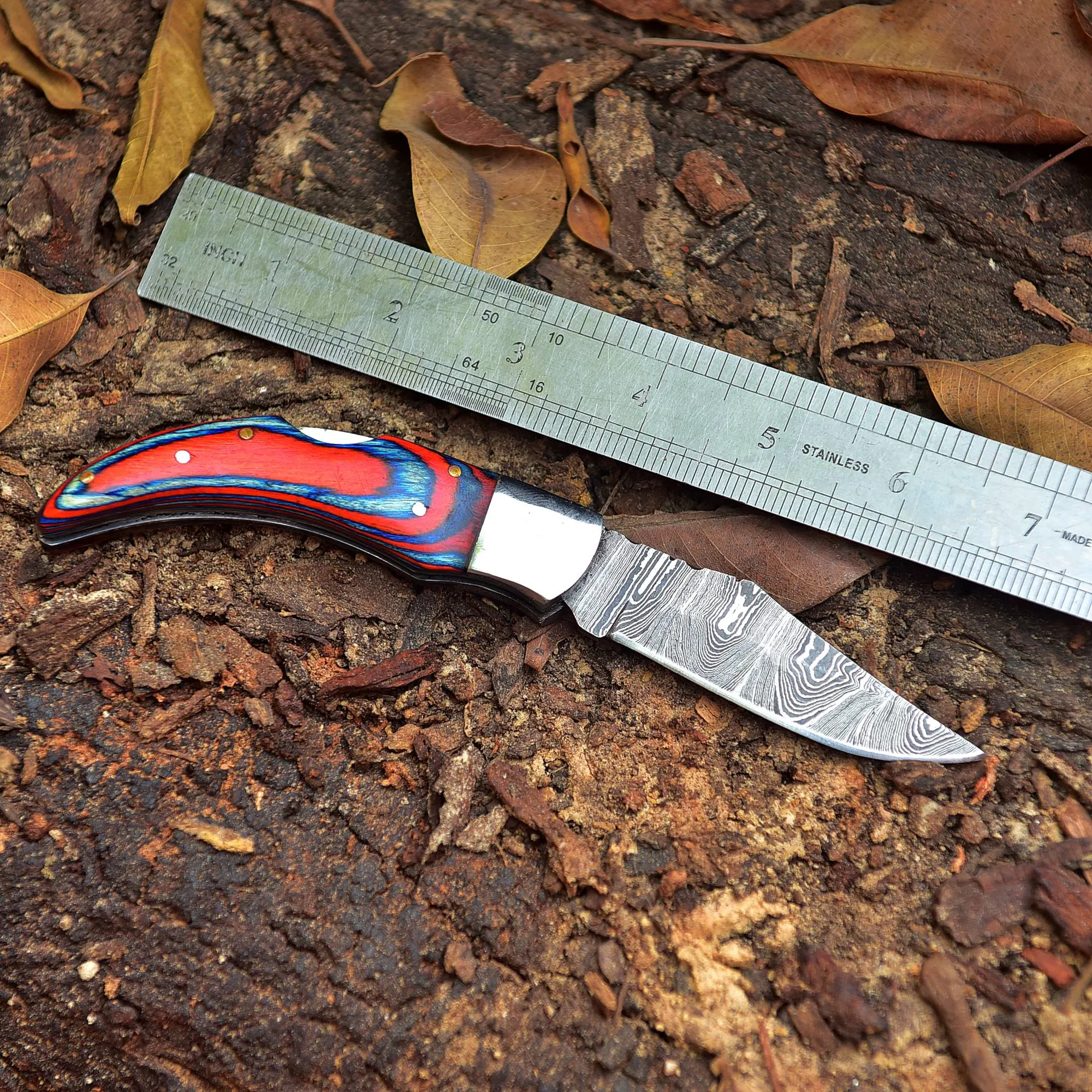 Damascus Folding Blade Knife - 7" Handmade Gift Knife - Hunting Pocket Knife